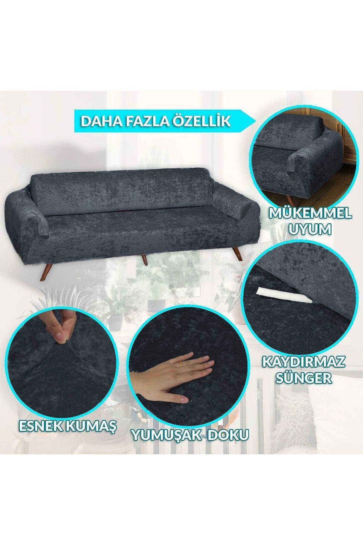 3 3 1 1 Antrasit Lastikli Kanepe Örtüsü | Lastikli Koltuk Örtüsü | Koltuk Kılıfı
