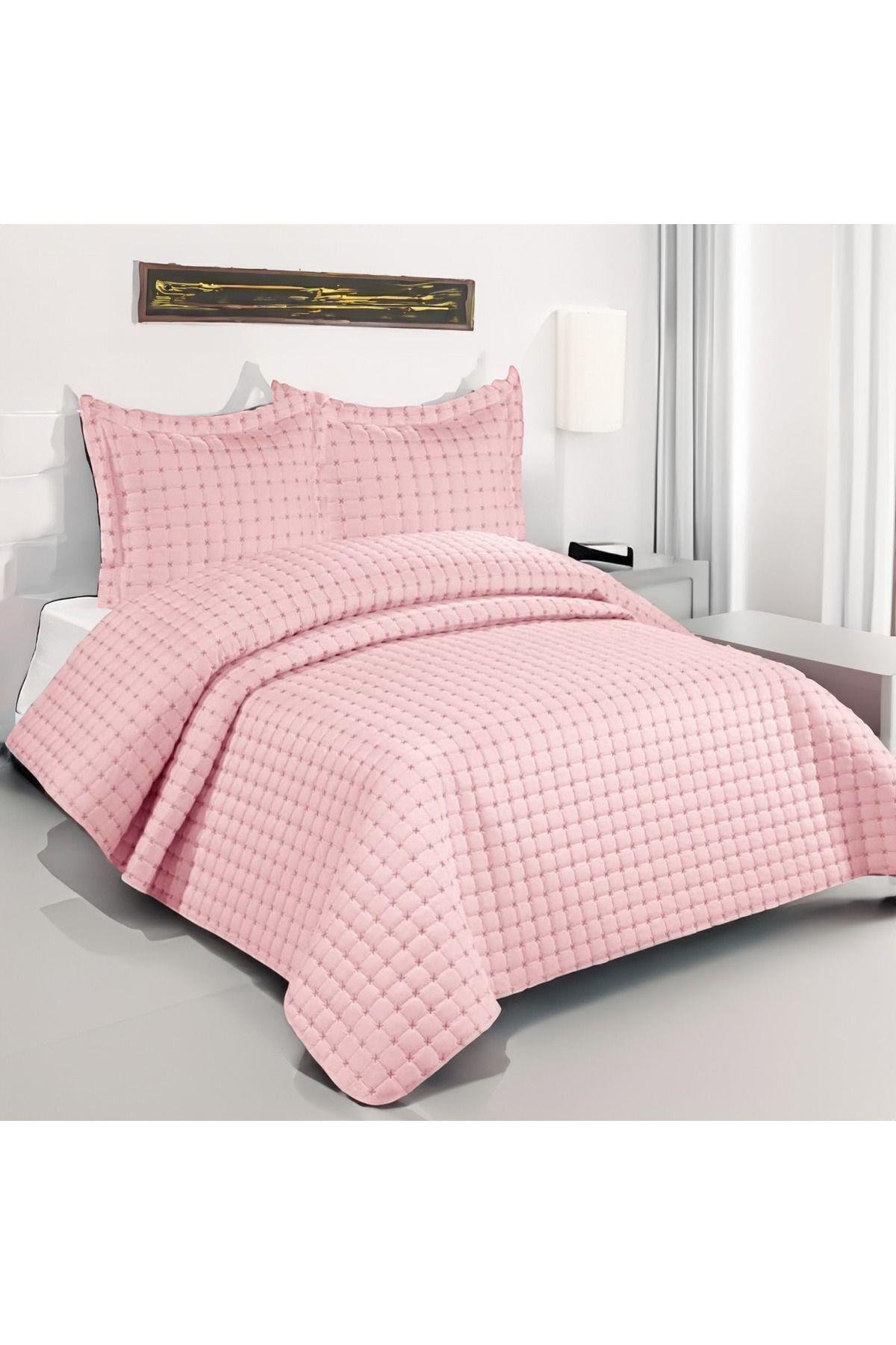 Kaliteli Kapitone Çift Kişilik Yatak Örtüsü Seti ( Pembe )