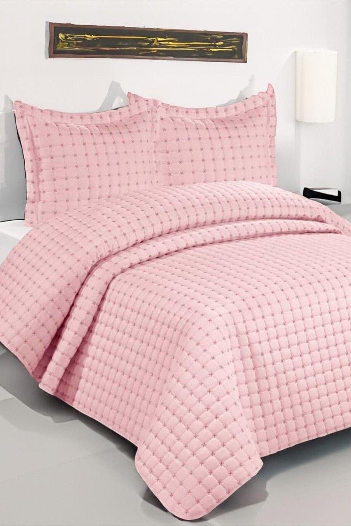Kaliteli Kapitone Çift Kişilik Yatak Örtüsü Seti ( Pembe )