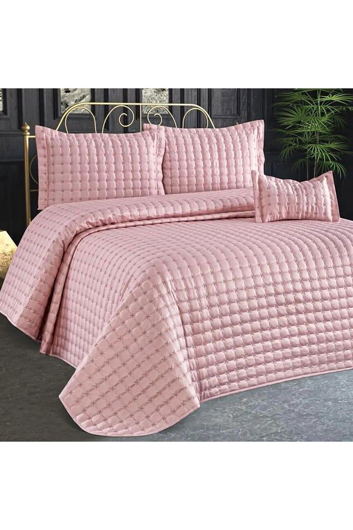 Kaliteli Kapitone Çift Kişilik Yatak Örtüsü Seti ( Pembe )