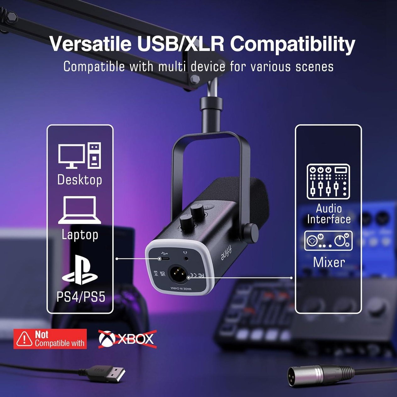 Fifine Ampligame AM8T Bilgisayar Oyuncu XLR USB RGB Dinamik Yayıncı Mikrofon Seti