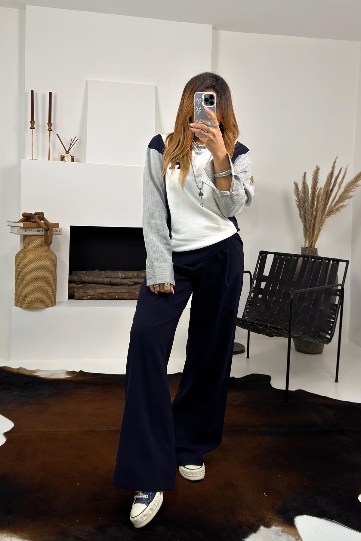 Reverse Waist Detail Woven Trousers Navy Blue