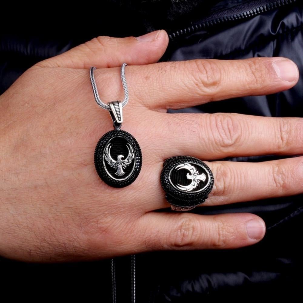 925 Ayar Gümüş Mikro Taşlı Anka Kuşu Kolye Yüzük KombiniSilver Ring and Necklace Combinations