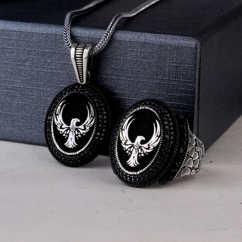 925 Ayar Gümüş Mikro Taşlı Anka Kuşu Kolye Yüzük KombiniSilver Ring and Necklace Combinations