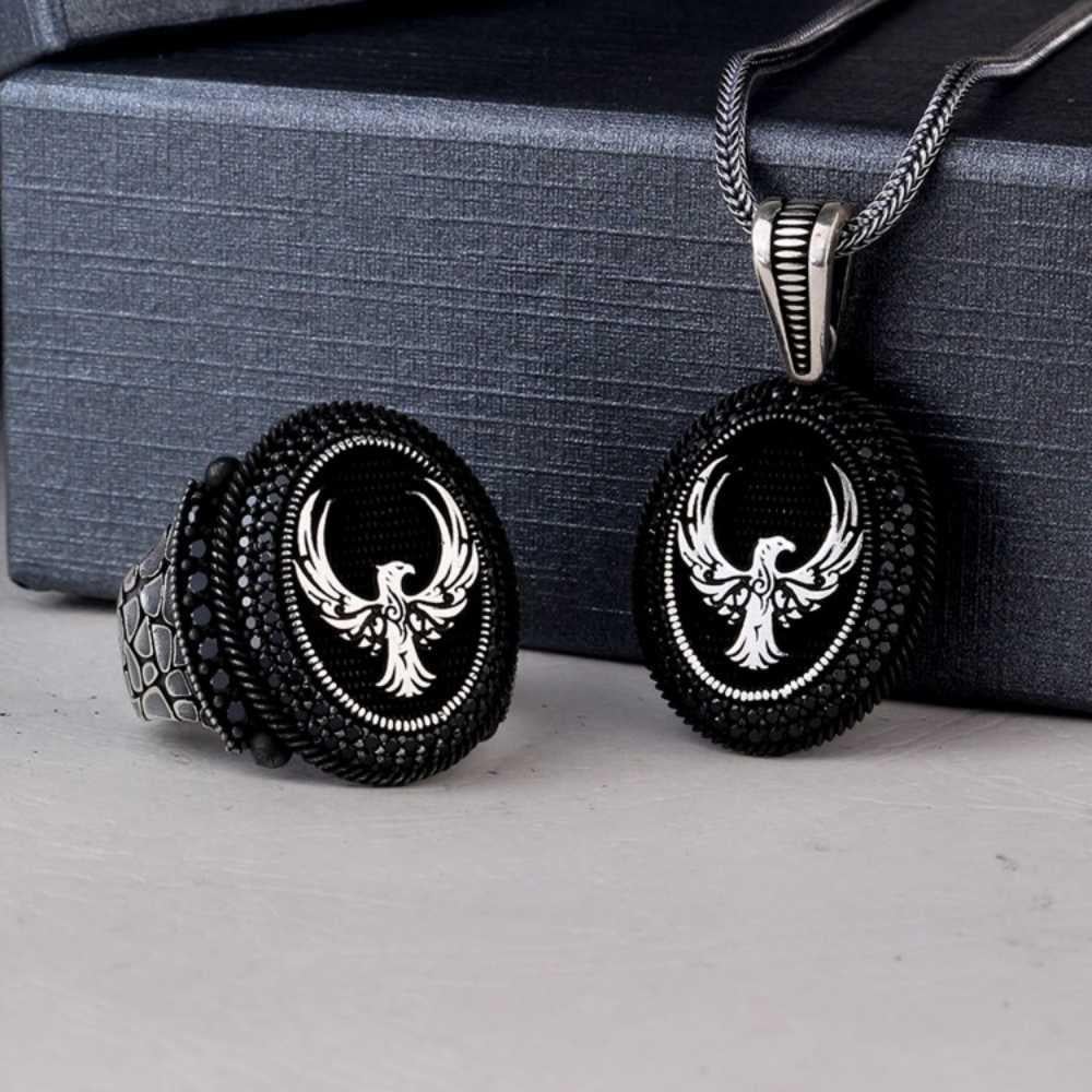 925 Ayar Gümüş Mikro Taşlı Anka Kuşu Kolye Yüzük KombiniSilver Ring and Necklace Combinations