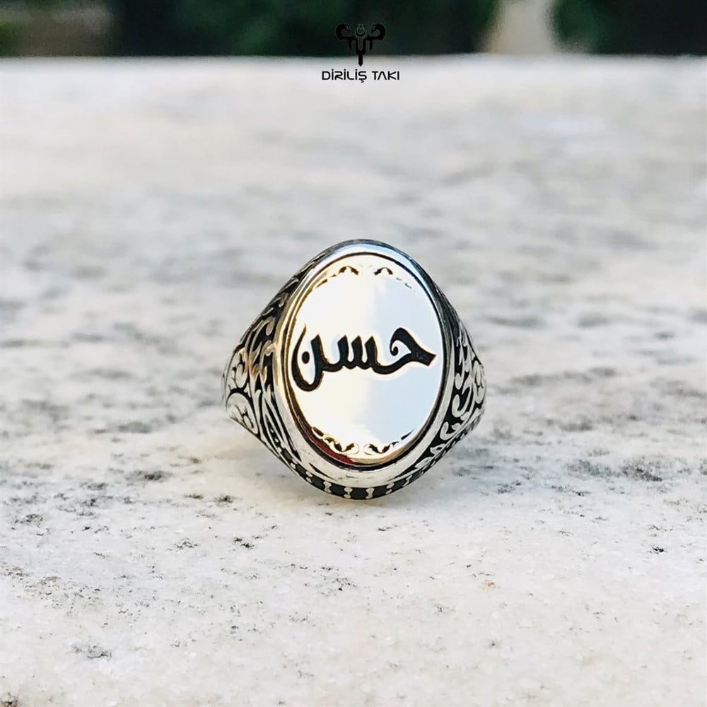 Arapça El Yazısı İle İsim Yazılı Taşlı Kişiye Özel Gümüş Yüzük