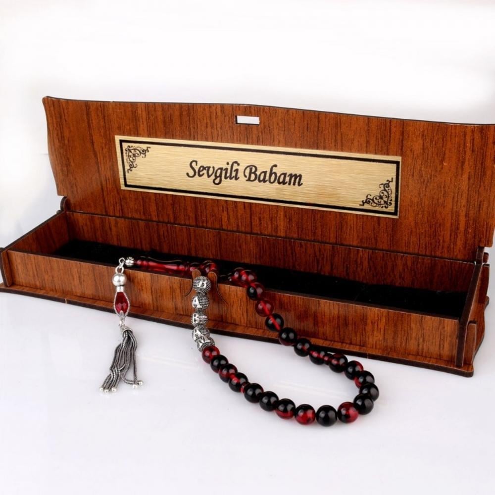 Babam Yazılı Kırmızı & Siyah Ateş Kehribar TesbihFire Amber Rosary
