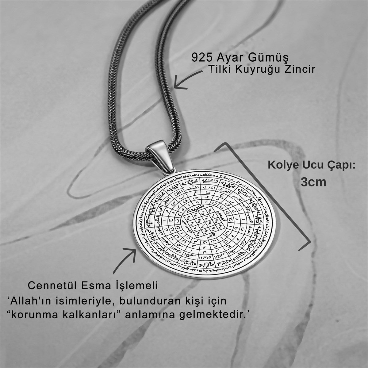 Cennetül Esma İşlemeli Gümüş Kolye