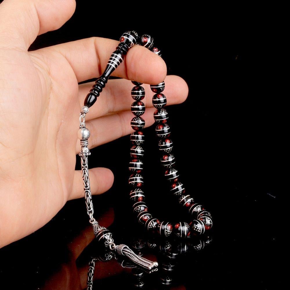 Gümüş Püskül Mercan İşlemeli Erzurum Oltu Taşı Tesbih