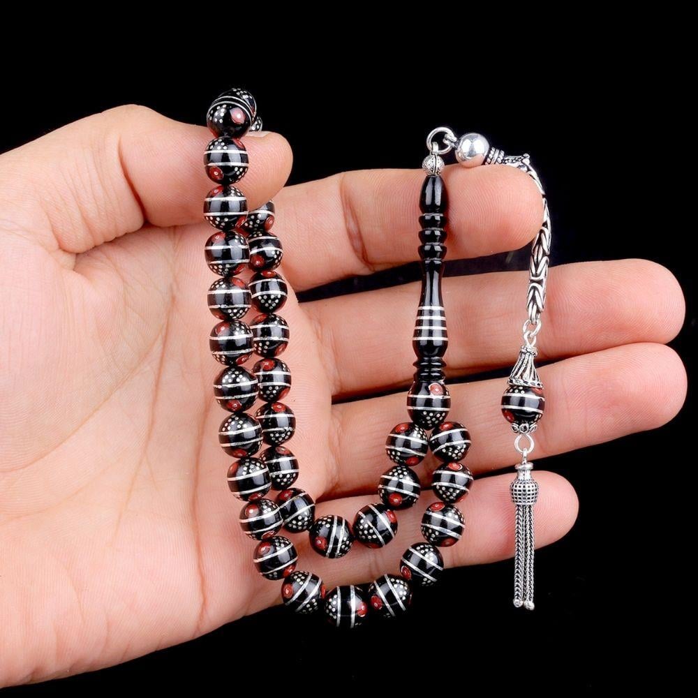 Gümüş Püskül Mercan İşlemeli Erzurum Oltu Taşı Tesbih
