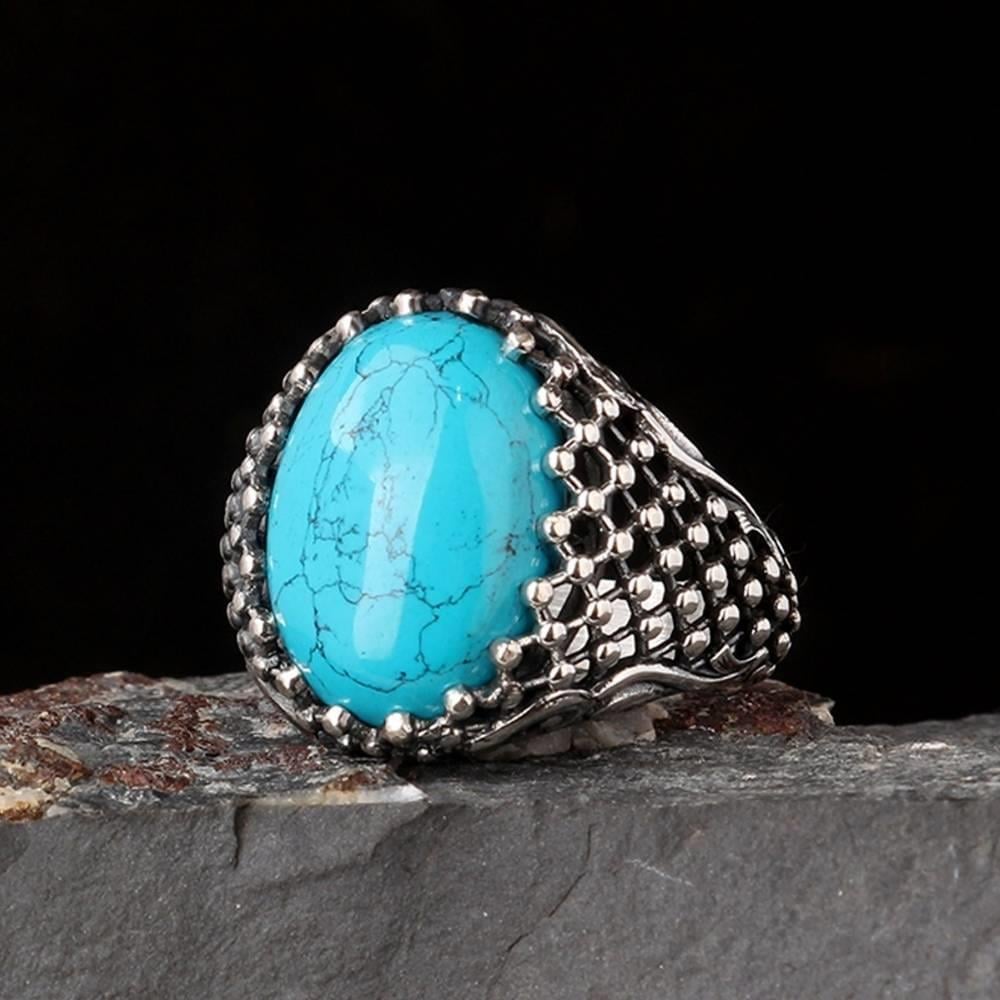 Kafes Detaylı Firuze Taşlı Gümüş YüzükTurquoise Stone Ring