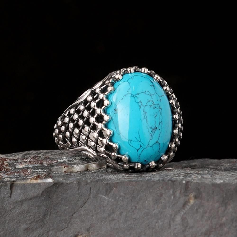 Kafes Detaylı Firuze Taşlı Gümüş YüzükTurquoise Stone Ring