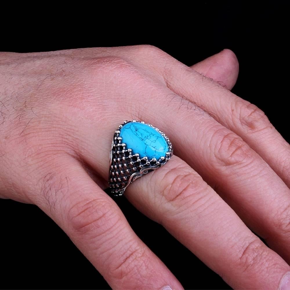 Kafes Detaylı Firuze Taşlı Gümüş YüzükTurquoise Stone Ring