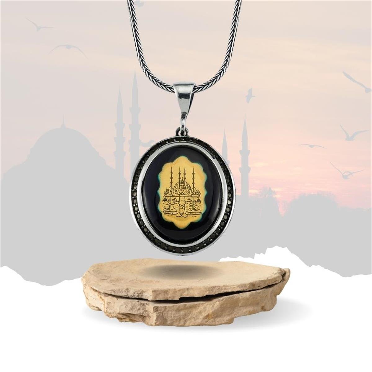 Kehribar Taşlı Cami Motifli Gümüş Kolye