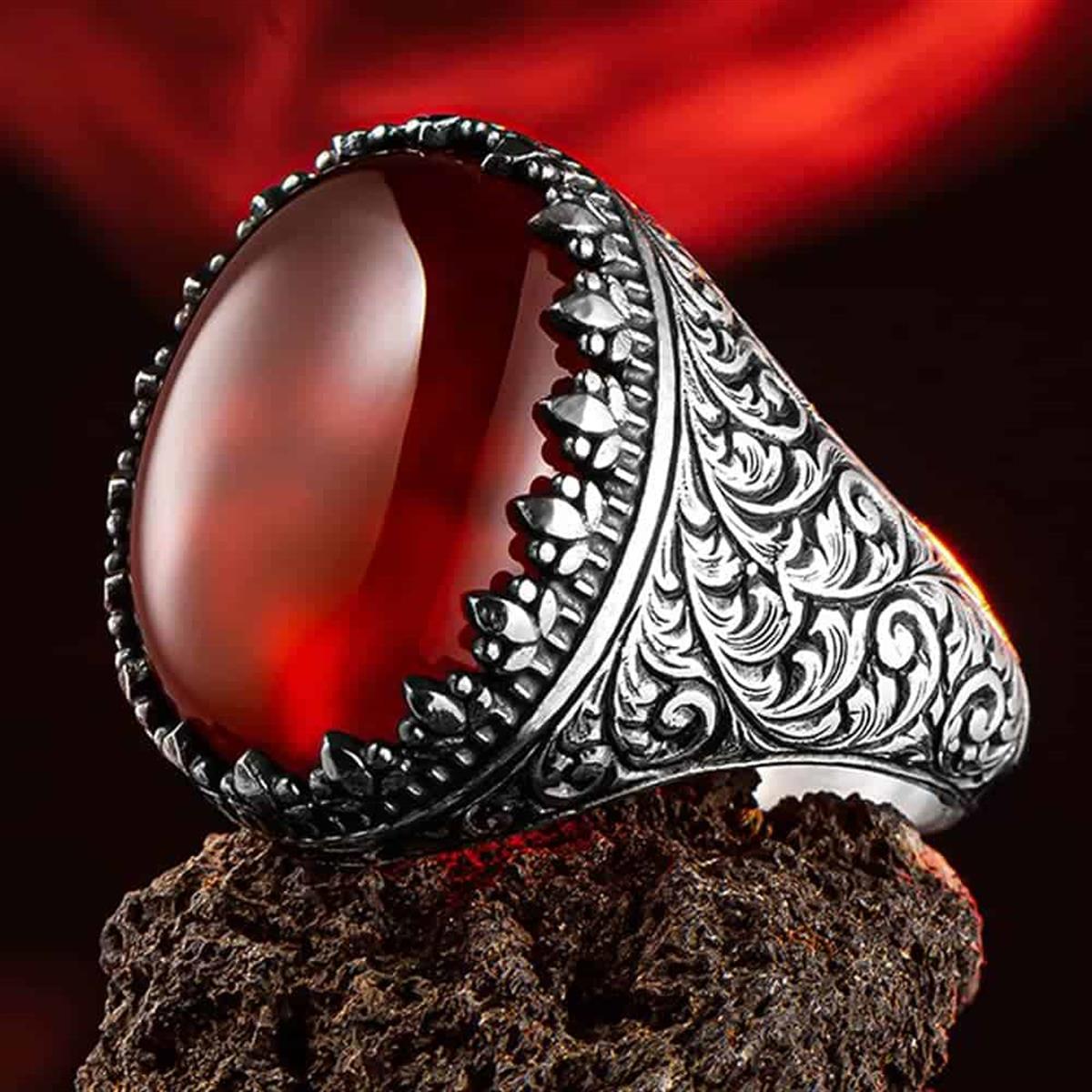 Ottoman Patterned Sterling Silver Ring With Red Garnet Stone