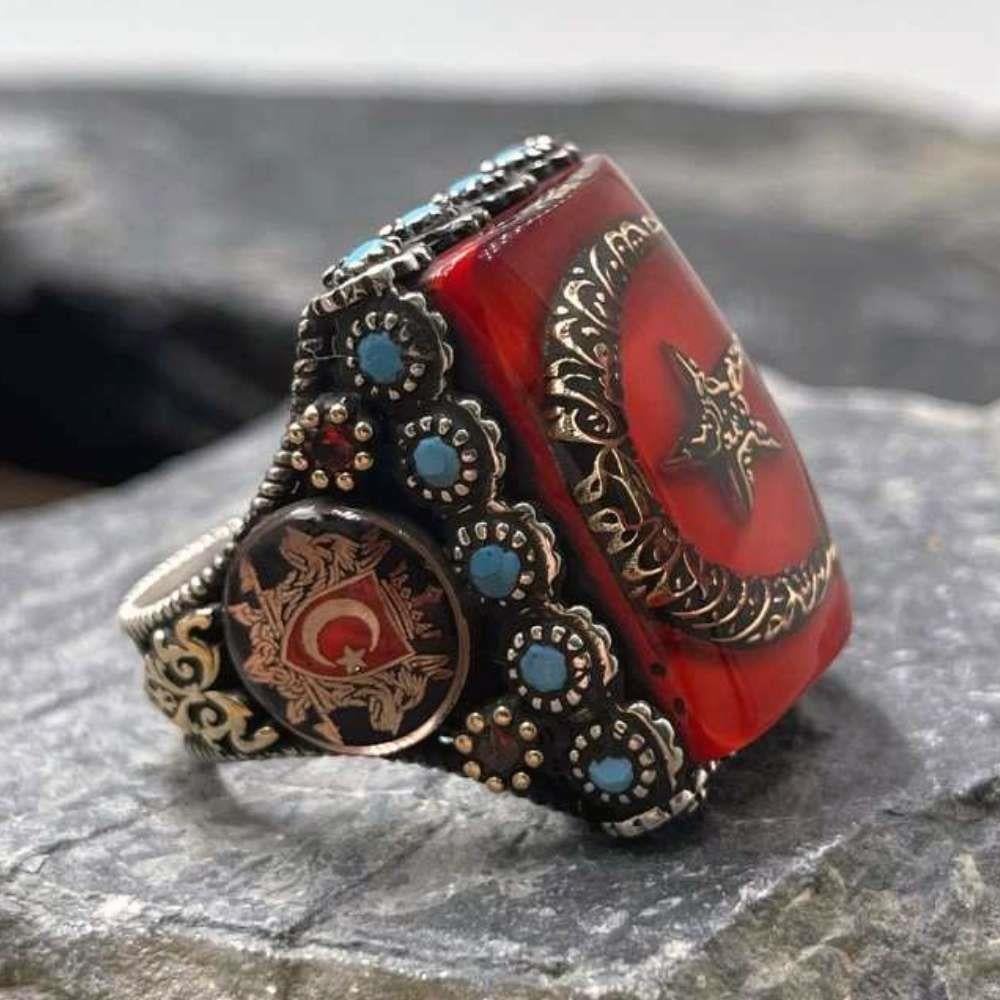 Kırmızı Mineli Ay Yıldız Kelime-i Tevhid Gümüş YüzükMoon Star Ring
