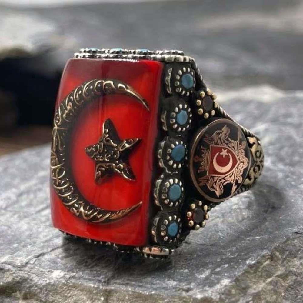 Kırmızı Mineli Ay Yıldız Kelime-i Tevhid Gümüş YüzükMoon Star Ring