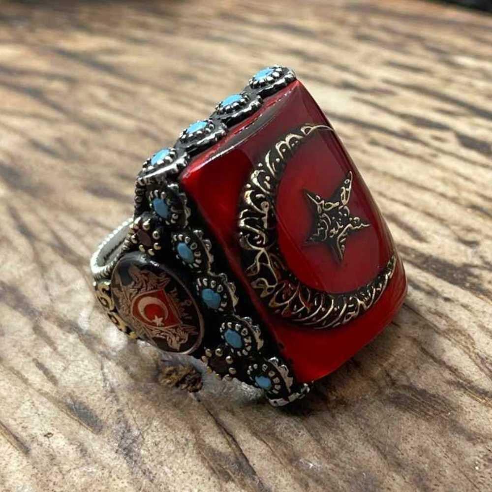 Kırmızı Mineli Ay Yıldız Kelime-i Tevhid Gümüş YüzükMoon Star Ring
