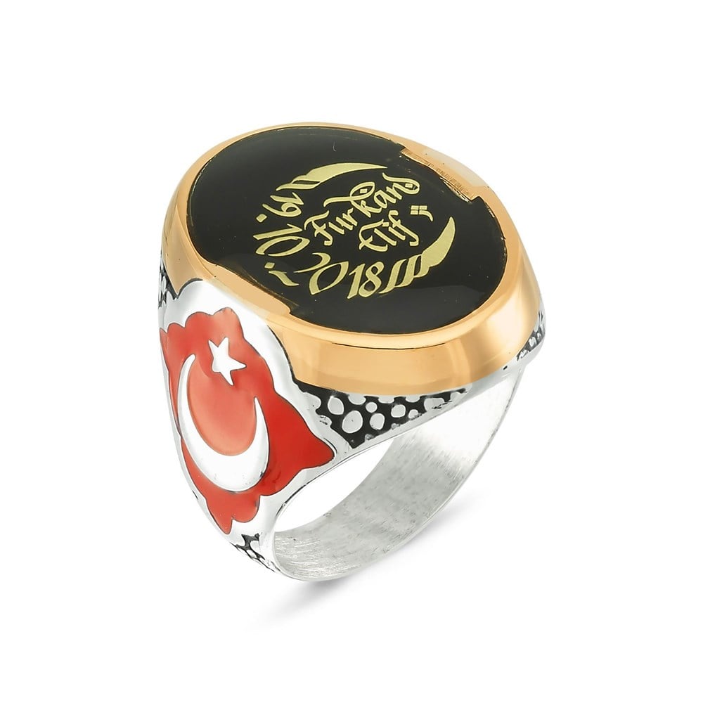 Kişiye Özel Yanları Ay Yıldız Motifli Gümüş Yüzük