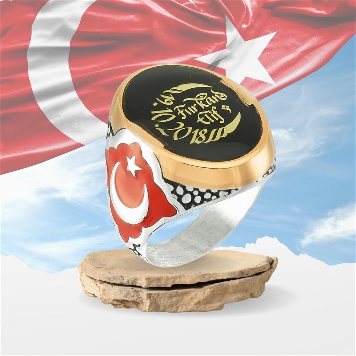 Kişiye Özel Yanları Ay Yıldız Motifli Gümüş Erkek Yüzük