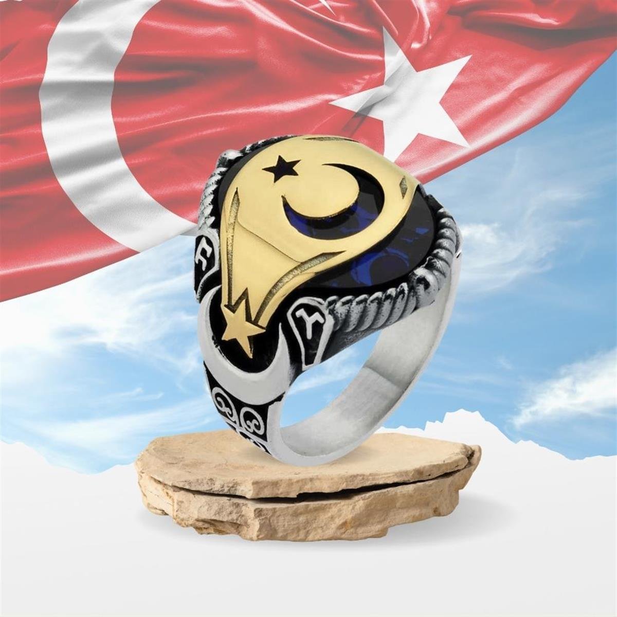 Mavi Zirkon Taşlı Ay Yıldız Motifli Gümüş Yüzük