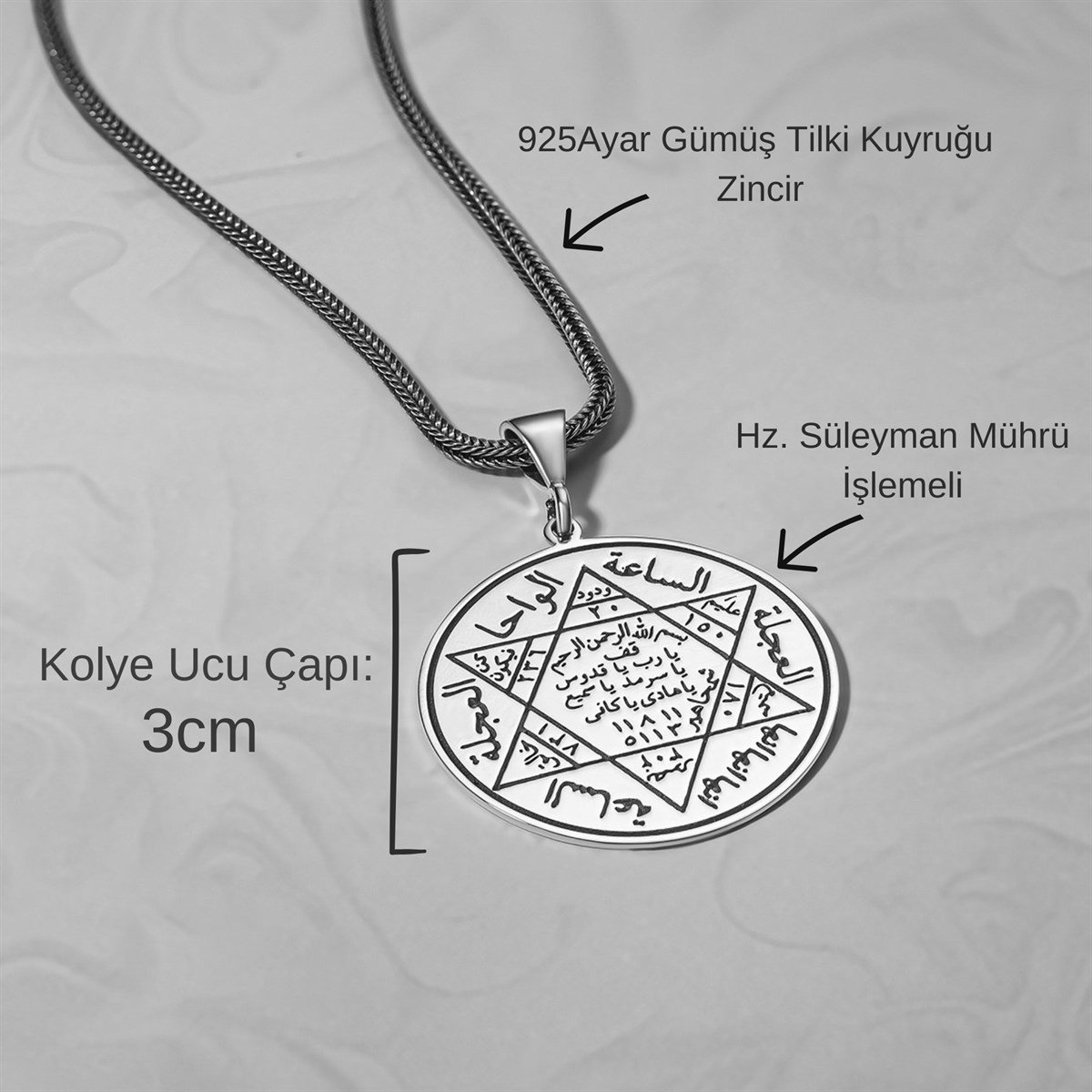 Mührü Hz Süleyman İşlemeli Gümüş Kolye