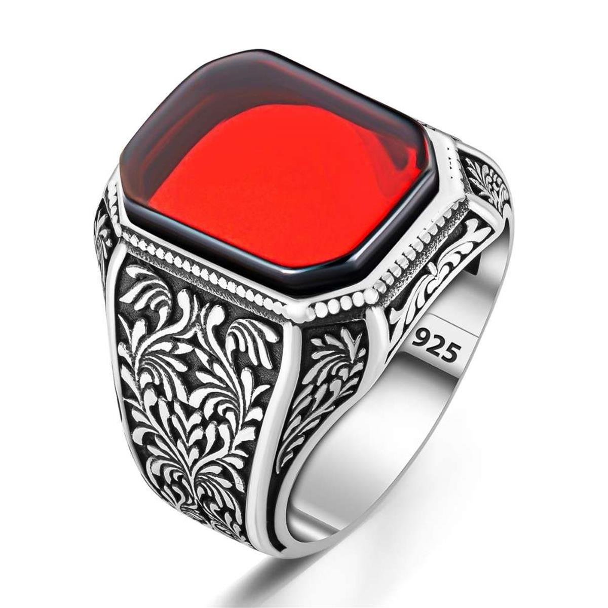 Osmanlı Motif İşlemeli Lal Taşı Gümüş Yüzük