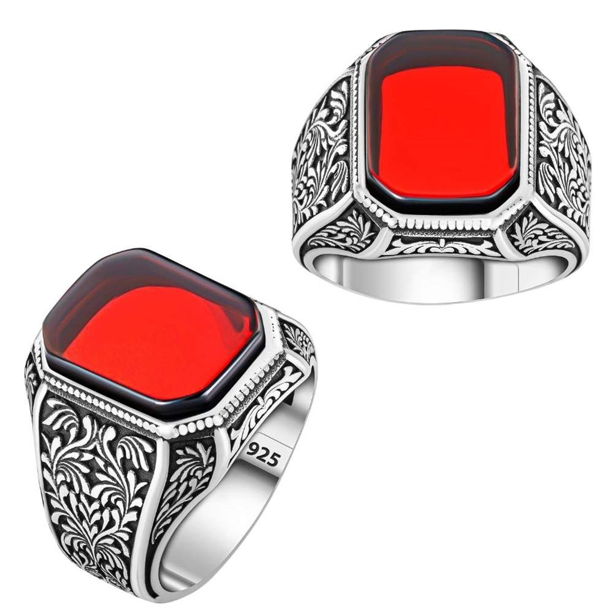 Osmanlı Motif İşlemeli Lal Taşı Gümüş Yüzük
