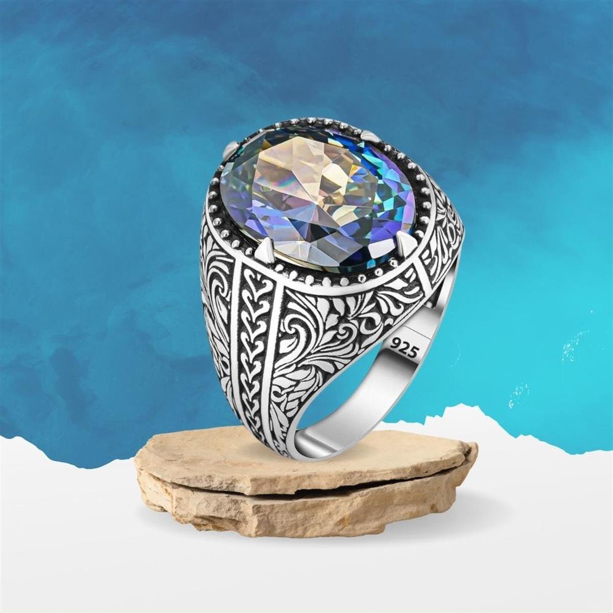Oval Çiçek Motifli Mistik Topaz Gümüş Yüzük