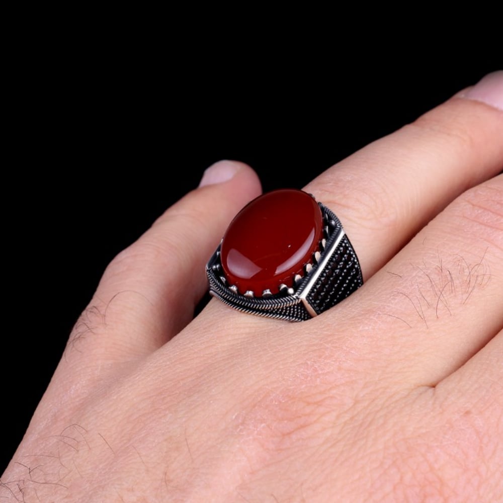 Oval Model Akik ve Mikro Taşlı Gümüş Yüzük