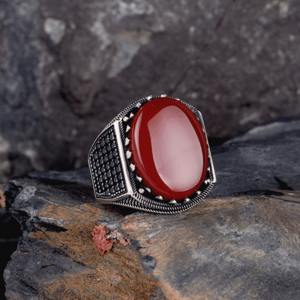 Oval Model Akik ve Mikro Taşlı Gümüş Yüzük
