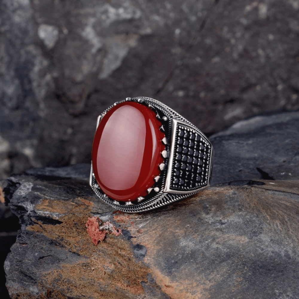 Oval Model Akik ve Mikro Taşlı Gümüş Yüzük