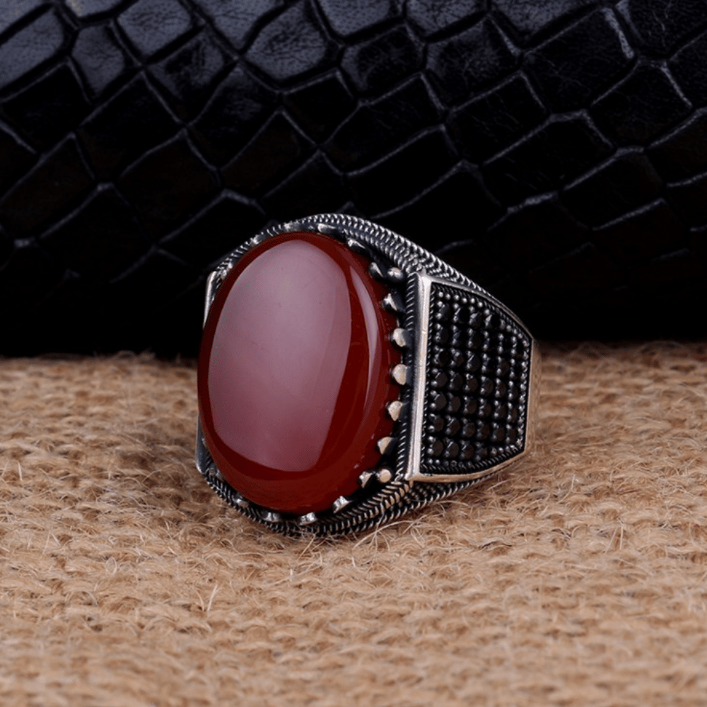 Oval Model Akik ve Mikro Taşlı Gümüş Yüzük
