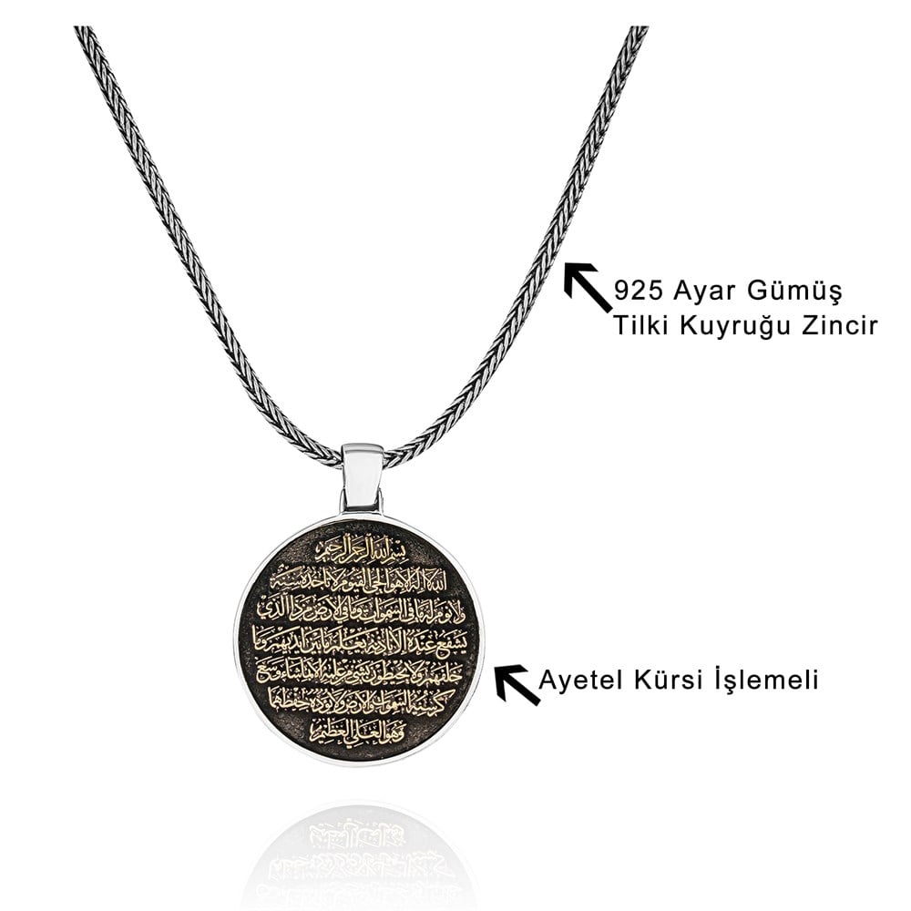 Siyah Zeminli Ayetel Kürsi İşlemeli Gümüş Kolye