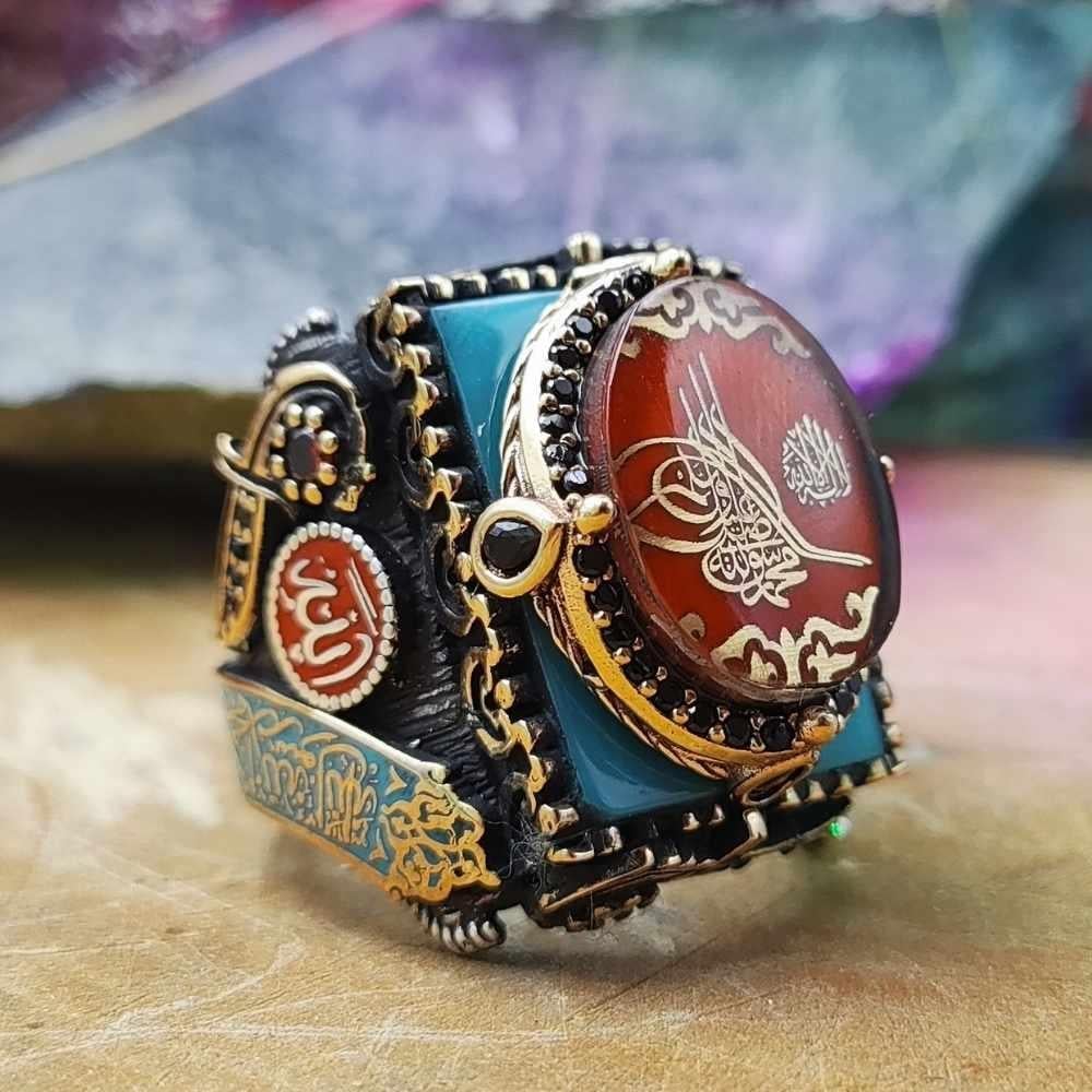 Turkuaz Üzeri Kırmızı Osmanlı Tuğrası Gümüş YüzükOttoman Tughra Ring