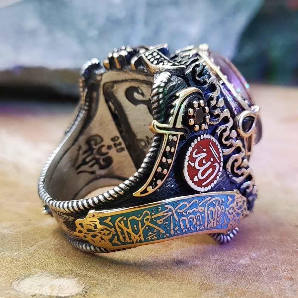 Turkuaz Üzeri Kırmızı Osmanlı Tuğrası Gümüş YüzükOttoman Tughra Ring