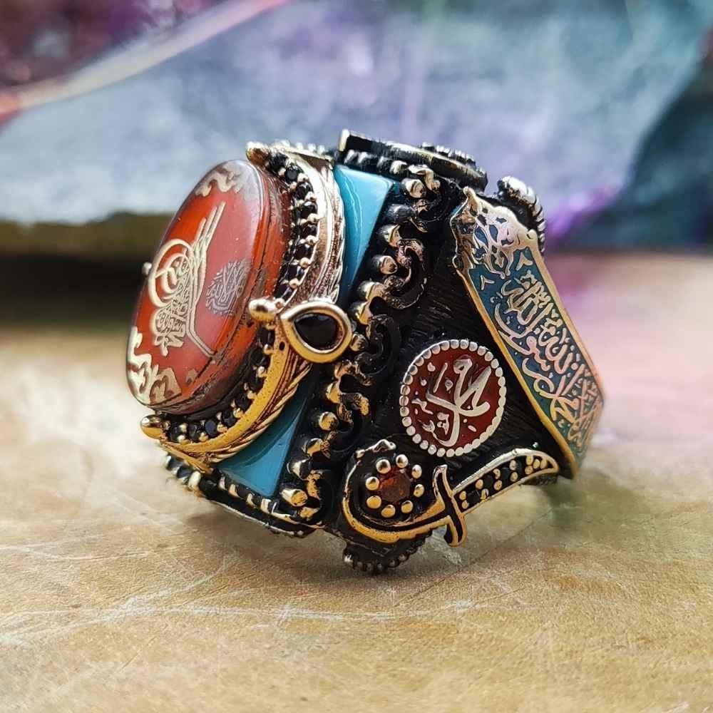 Turkuaz Üzeri Kırmızı Osmanlı Tuğrası Gümüş YüzükOttoman Tughra Ring