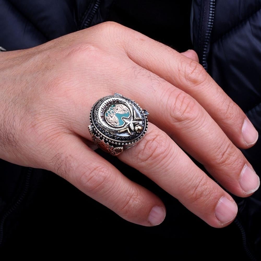 Üç Hilal Bozkurt Türk Bayrağı İşlemeli Gümüş YüzükMoon Star Ring