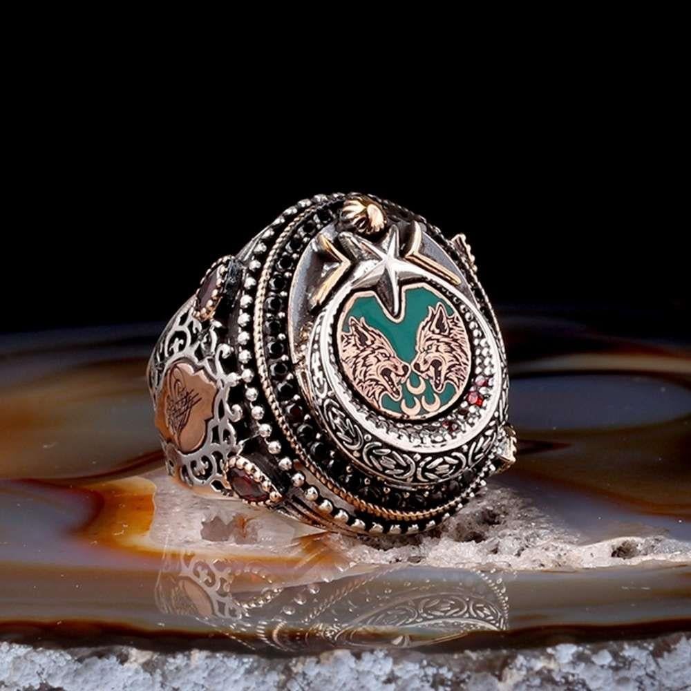 Üç Hilal Bozkurt Türk Bayrağı İşlemeli Gümüş YüzükMoon Star Ring