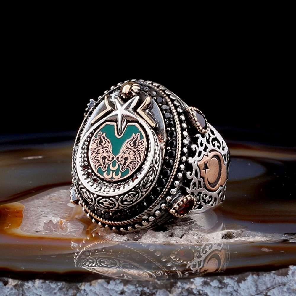 Üç Hilal Bozkurt Türk Bayrağı İşlemeli Gümüş YüzükMoon Star Ring