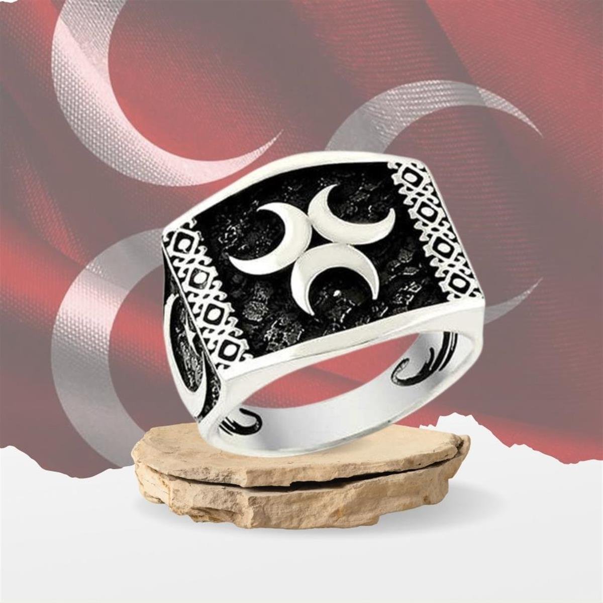 Üç Hilal Desenli Göktürkçe Türk Yazılı Gümüş Erkek Yüzük