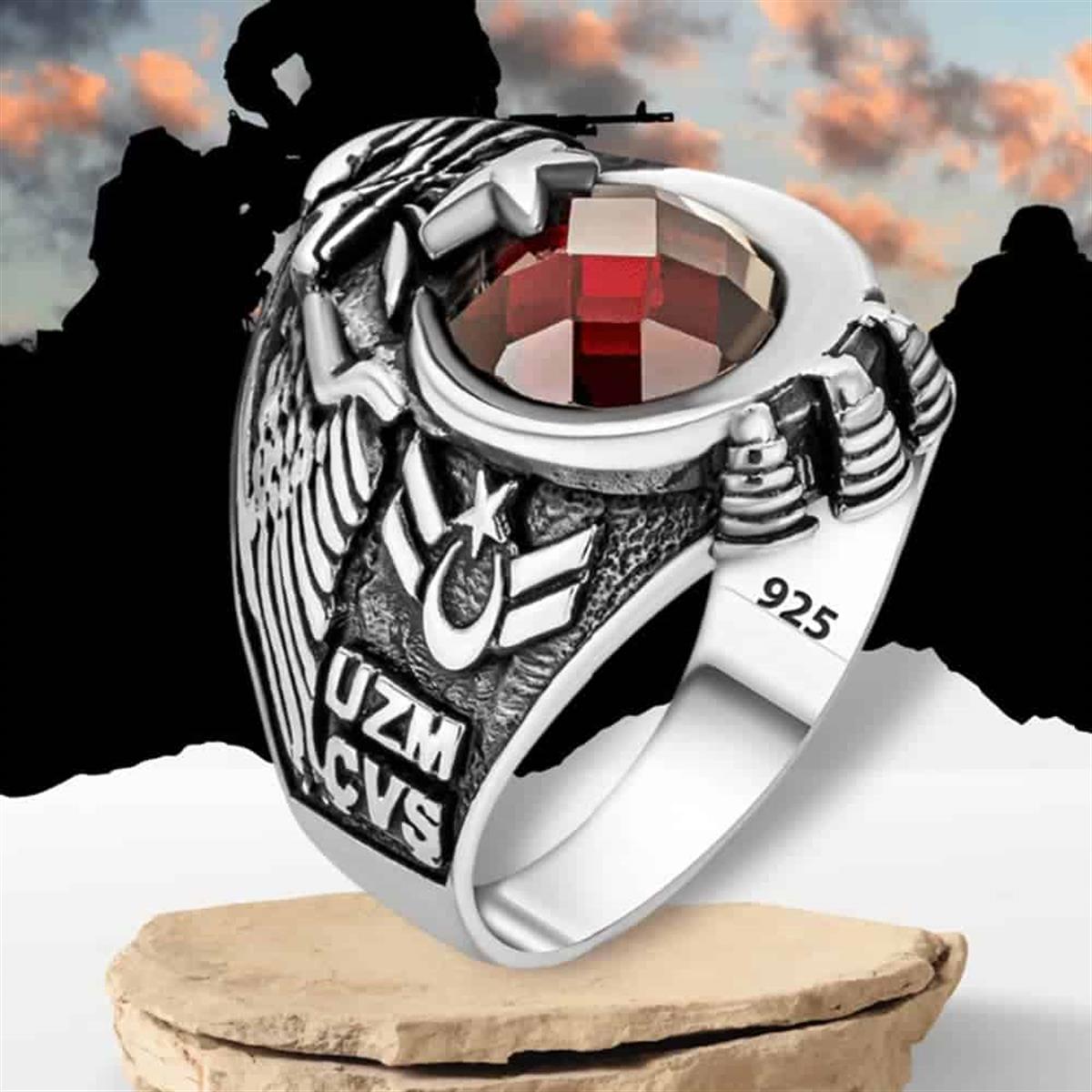 Master Sergeant Moon and Star Embroidered Silver Ring