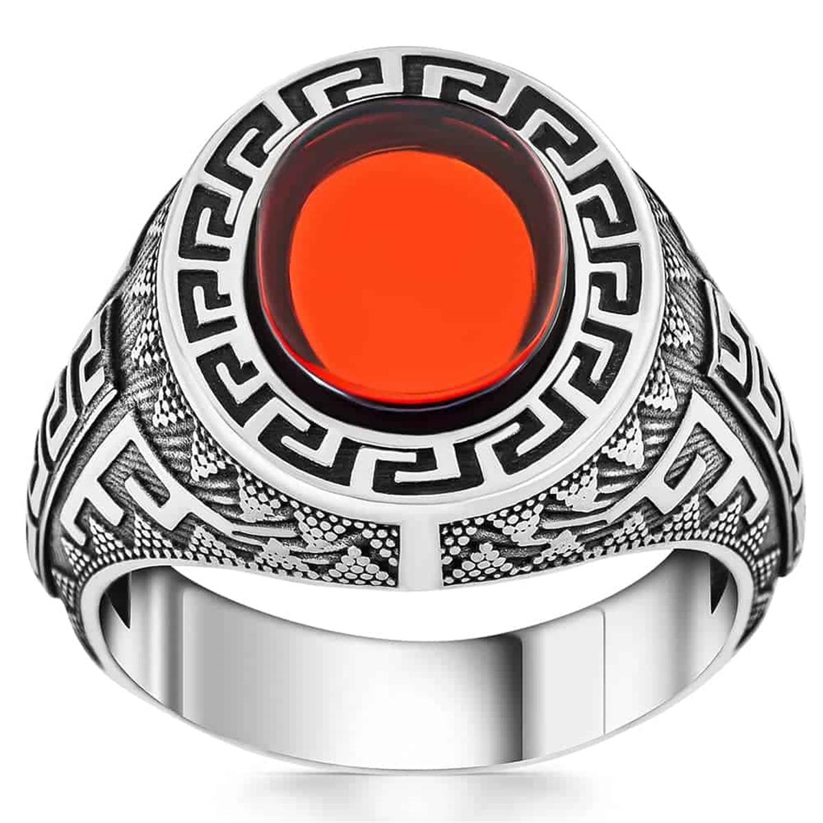 Greek Pattern Garnet Stone Silver Ring