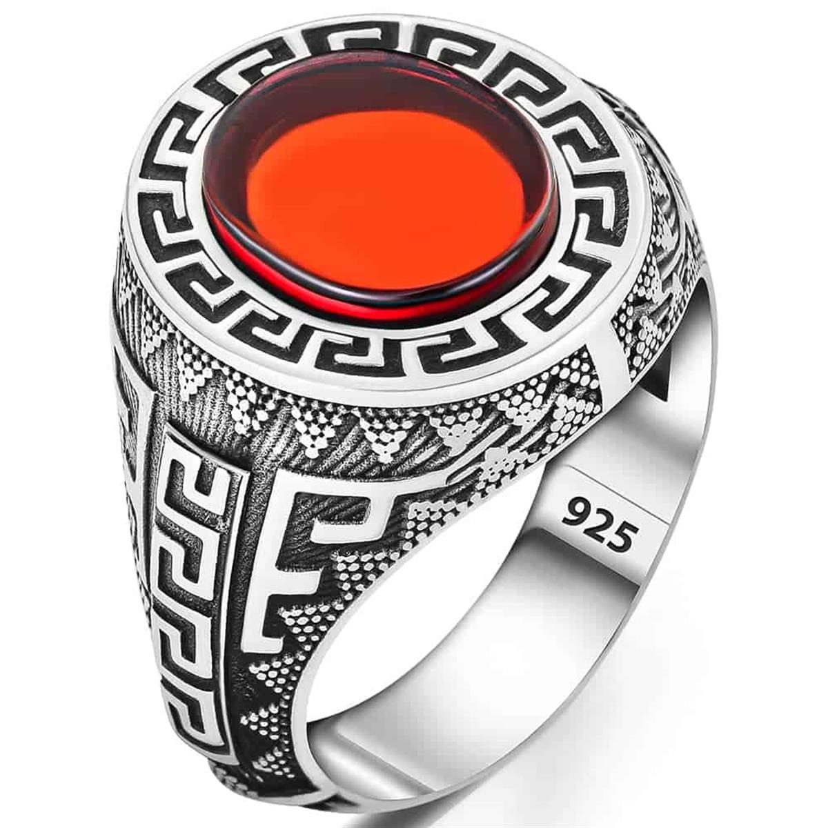 Greek Pattern Garnet Stone Silver Ring