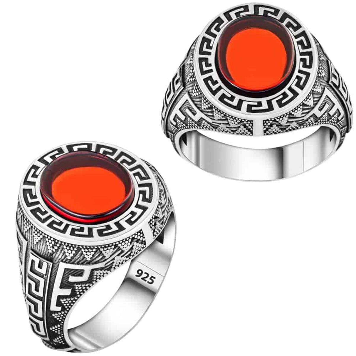 Greek Pattern Garnet Stone Silver Ring