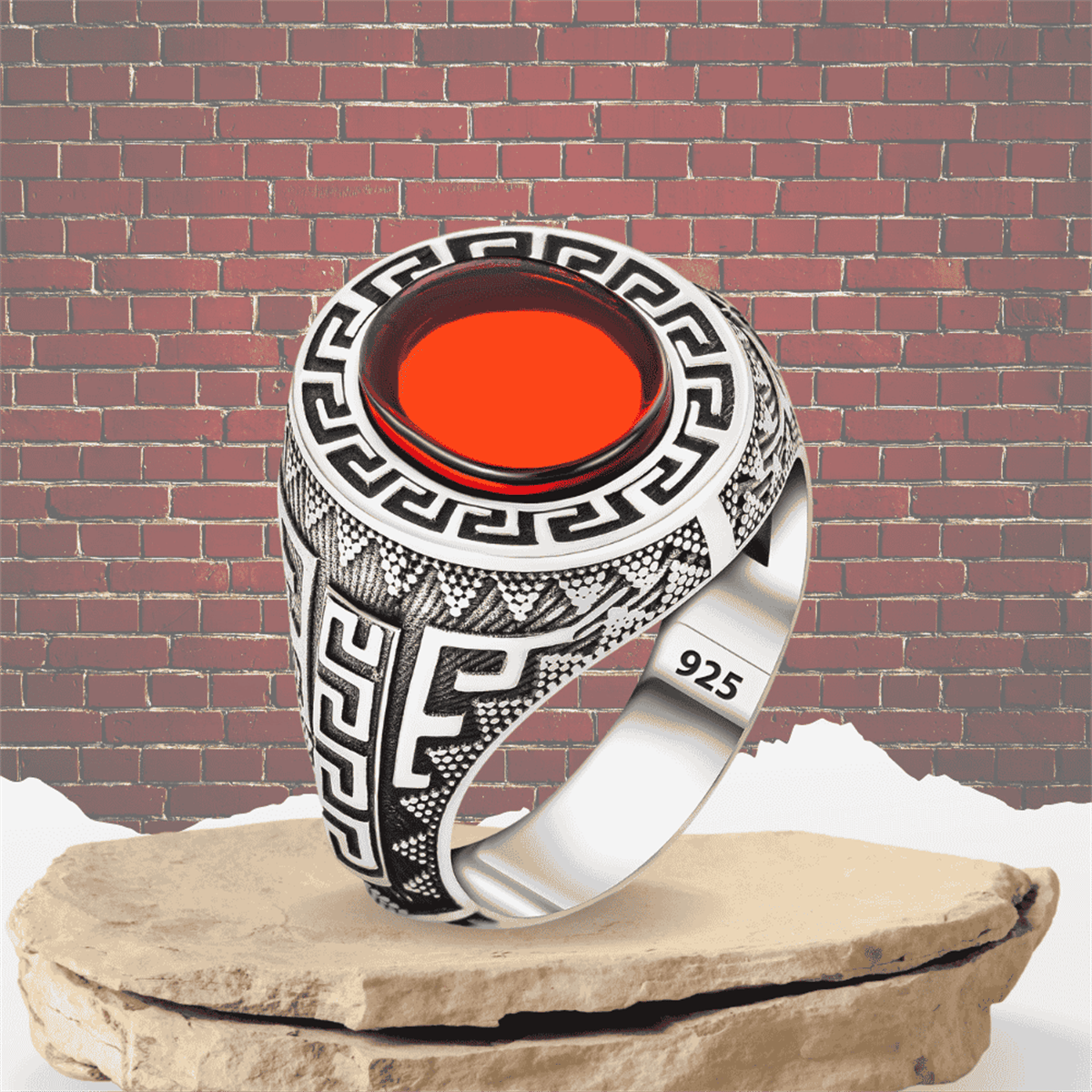 Greek Pattern Garnet Stone Silver Ring
