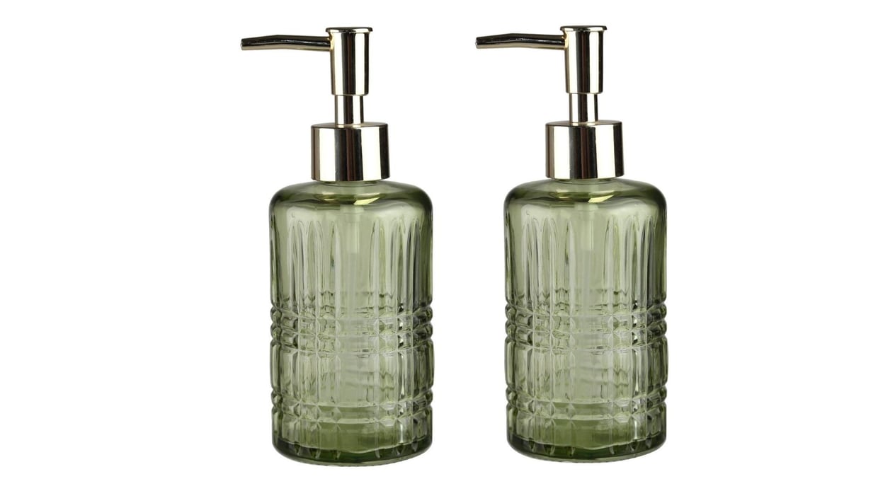 Banyo Seti Cam Sıvı Sabunluk İki Adet,Kristal Desenli Yeşil 300Ml 6,8X17,6Cm
