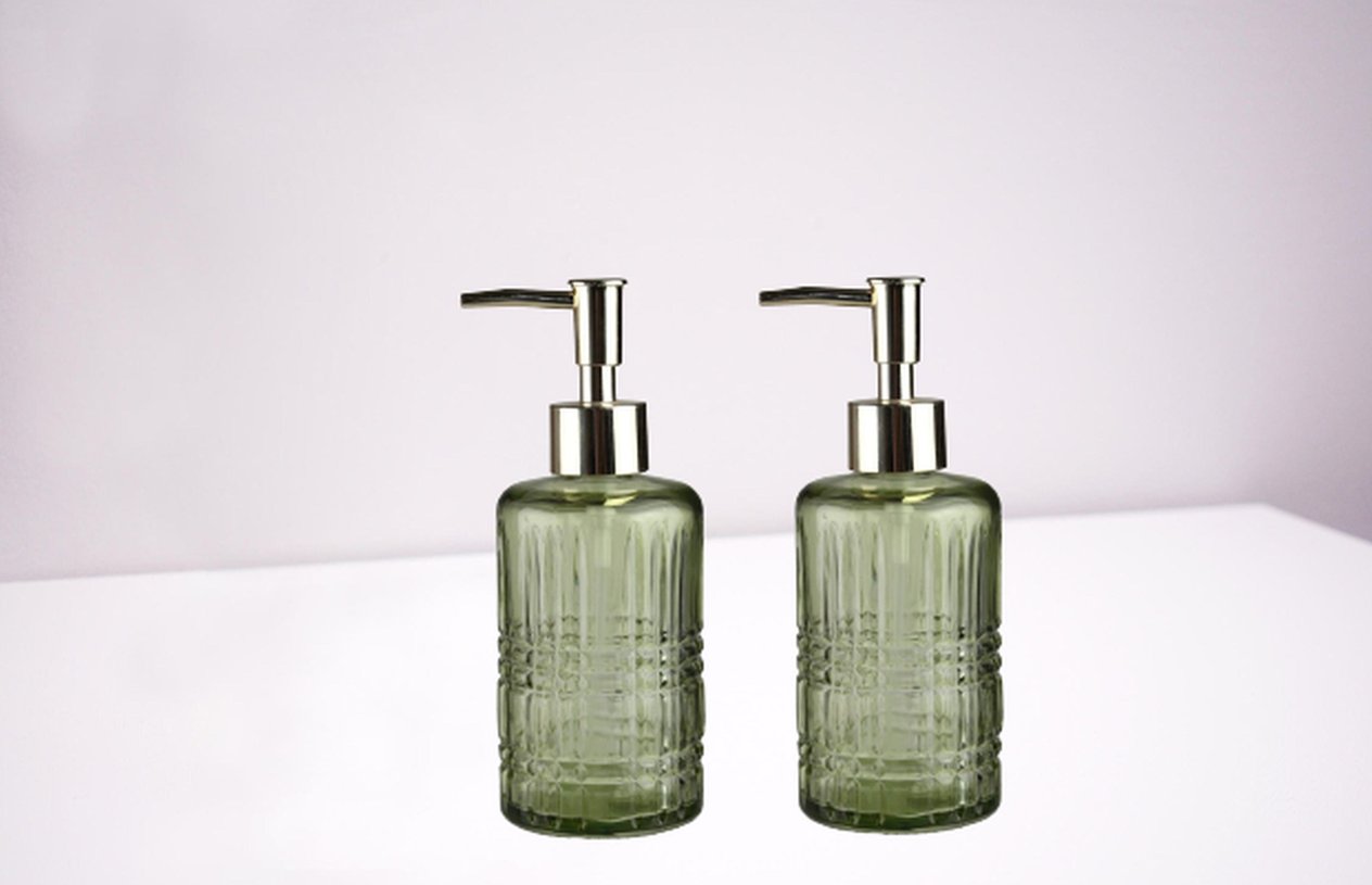 Banyo Seti Cam Sıvı Sabunluk İki Adet,Kristal Desenli Yeşil 300Ml 6,8X17,6Cm