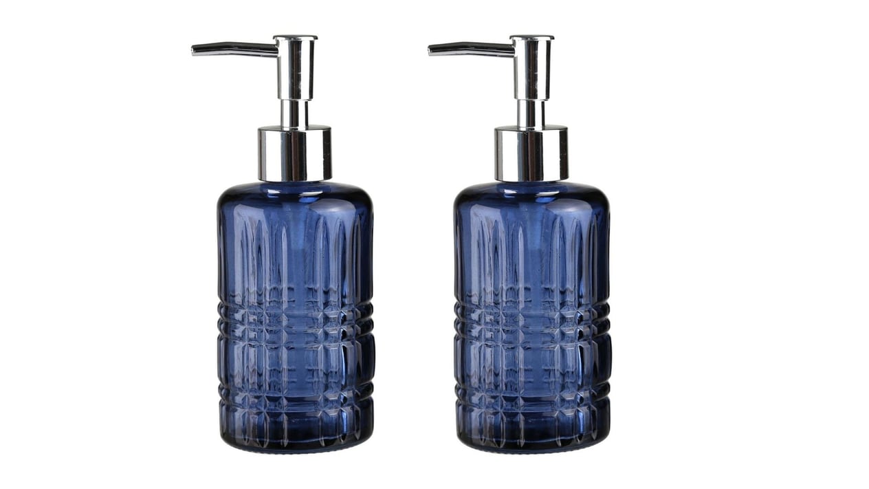 Banyo Seti Cam Sıvı Sabunluk İki Adet,Kristal Desenli Mavi 300Ml 6,8X17,6Cm