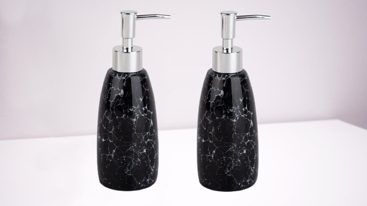 Banyo Seti Mermer Desenli Siyah Sıvı Sabunluk 2 Adet 8X8X17Cm 300Ml
